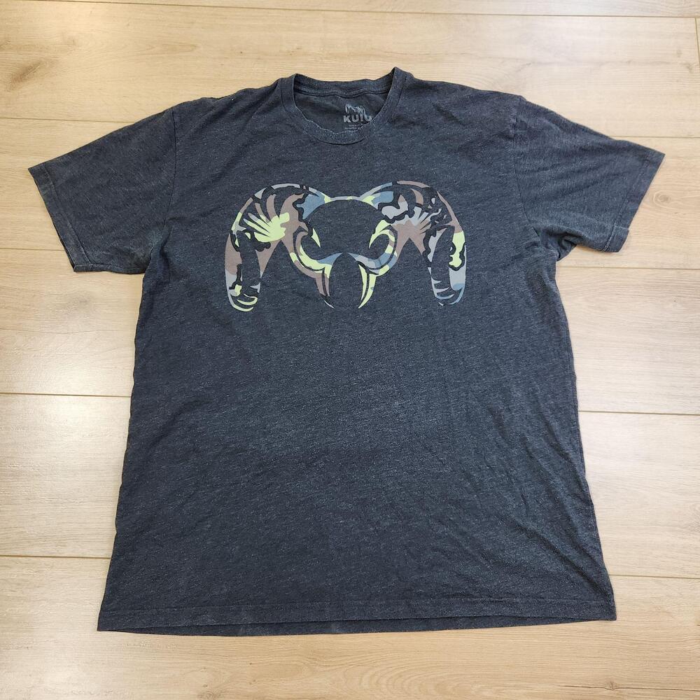 KUIU Shirt Mens XL Gray Short Sleeve Camo Ram Logo Graphic Tee Tagless Hunting